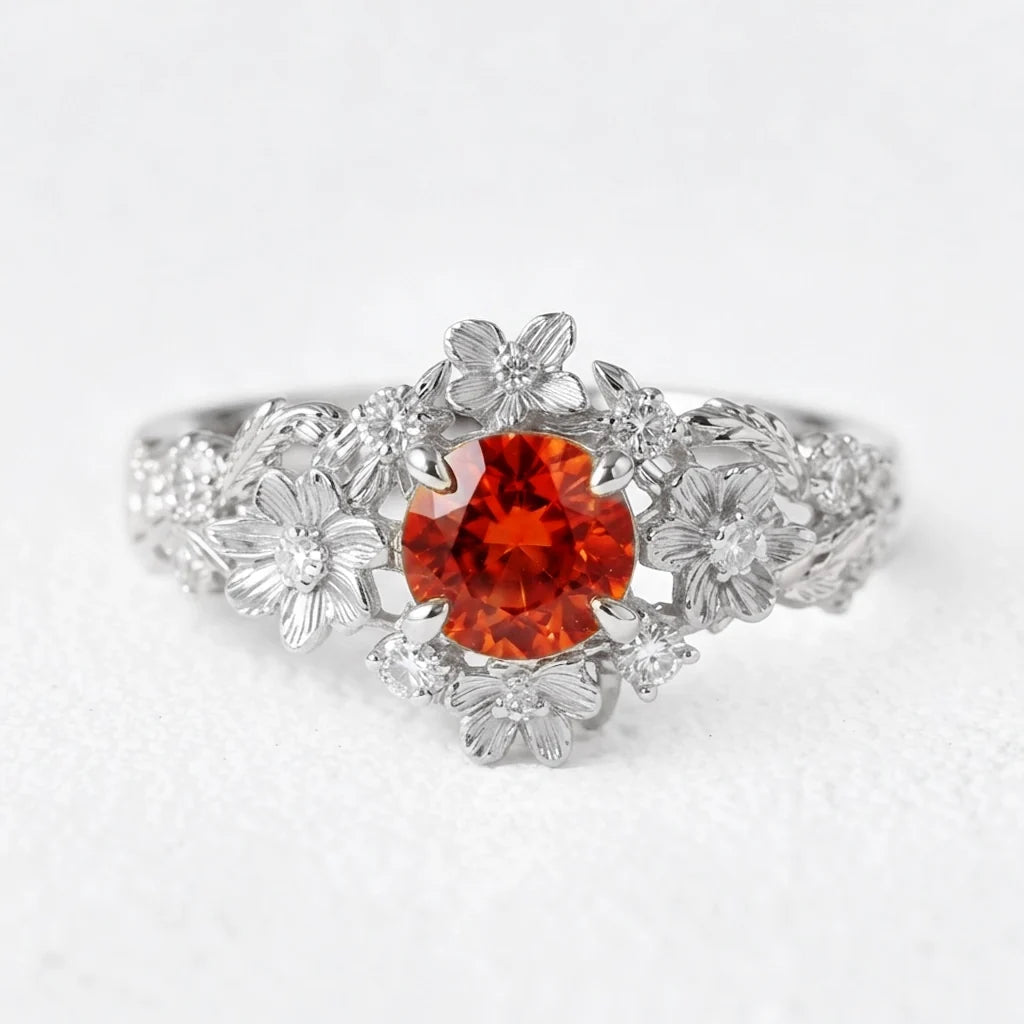 Eve's Blossom | Round Mandarin Garnet Engagement Ring with Petal Setting