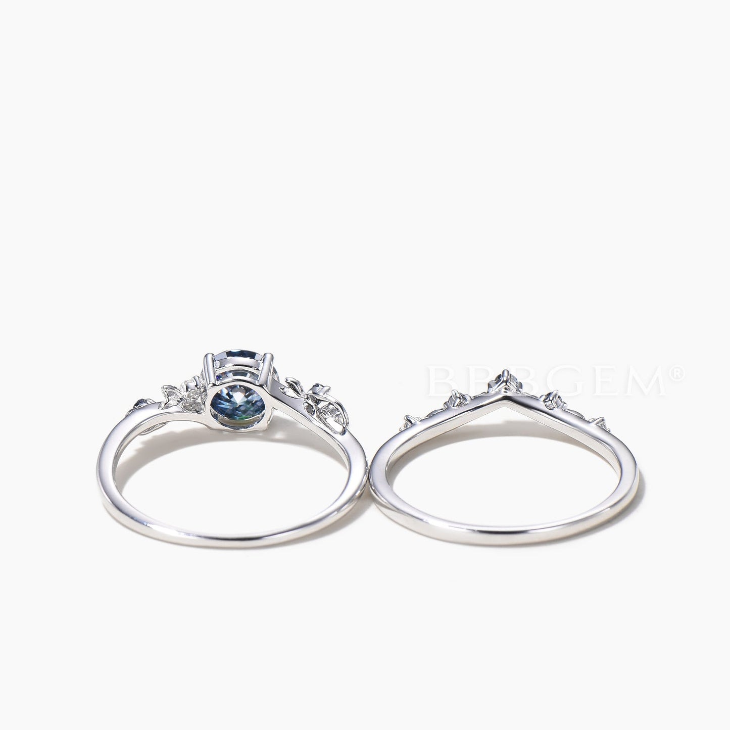 1CT Round Cut Blue Moissanite Leaf Engagement Ring Moissanite Leaf Bridal Set