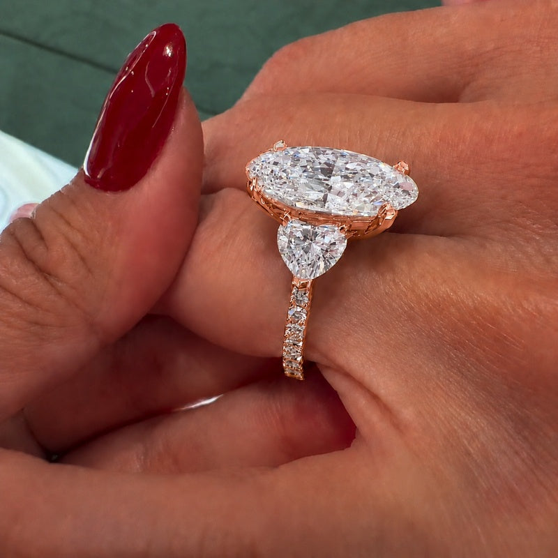 Breathtaking Three-Stone Pave Oval Cut 10.0ct Engagement Ring