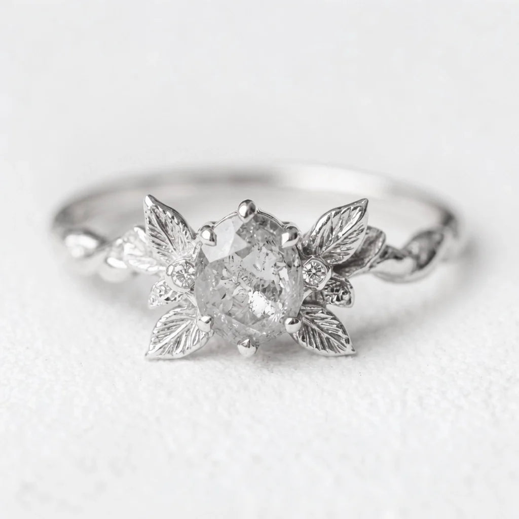 Astrid’s Stardust | 1CT Oval Salt & Pepper Diamond Flora Engagement Ring