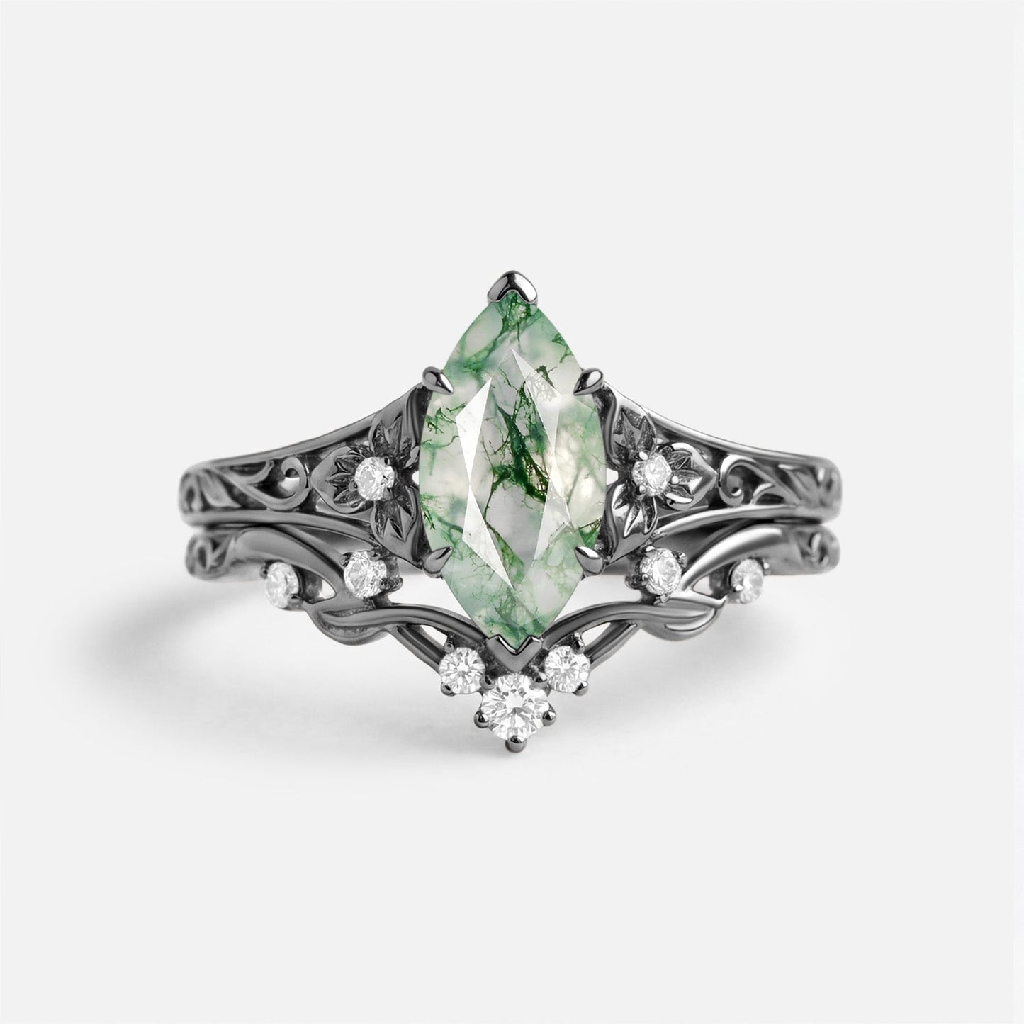 Marquise Moss Agate Flower Engagement Ring Sets 2pcs - Florian