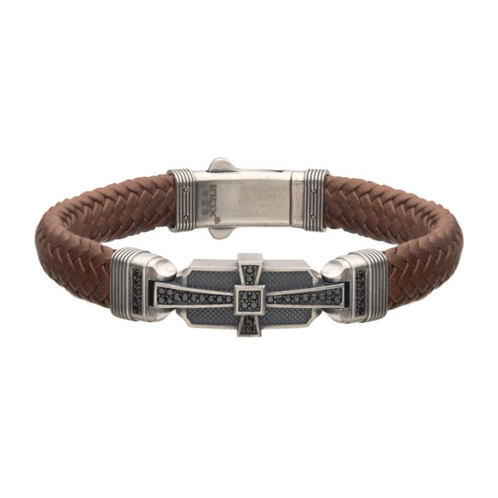 Sterling Silver with Double Braid Brown Leather & Black Cubic Zirconia Bracelet