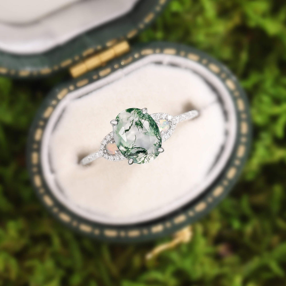 Sylvia’s Verdure | Oval Cut Moss Agate Engagement Ring