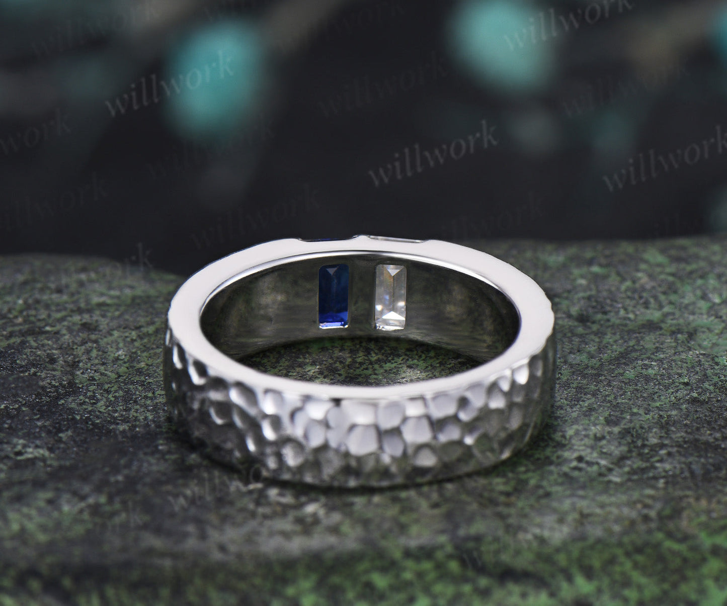 Baguette Sapphire Moissanite Men's Wedding Ring 5mm Hammered Unique Two Stone Engagement Ring for Men