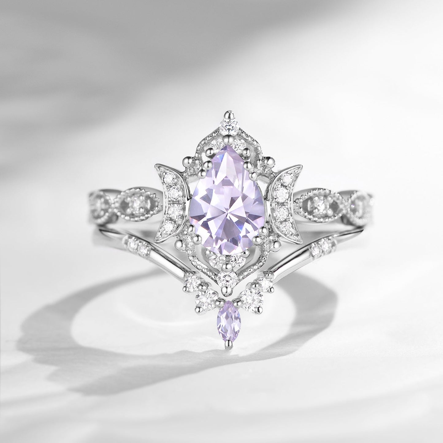 Crescent Moon | Vintage Pear Cut Lab Lavender Sapphire Engagement Ring 2pcs - Luna