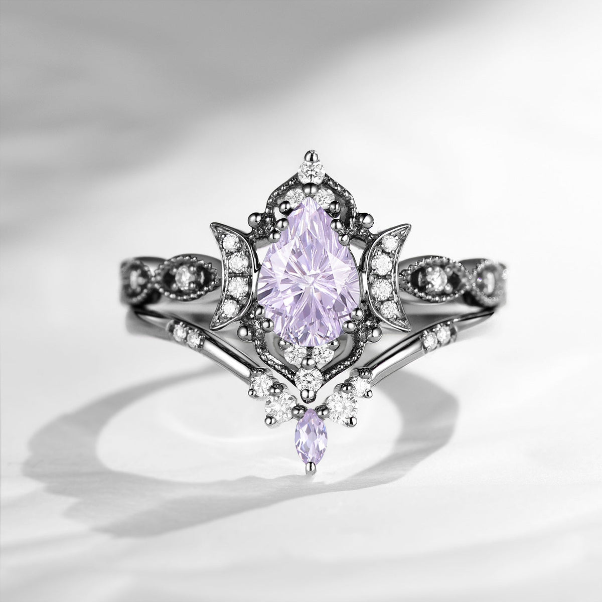 Crescent Moon | Vintage Firework Cut Pear Lab Lavender Sapphire Engagement Ring 2pcs - Luna