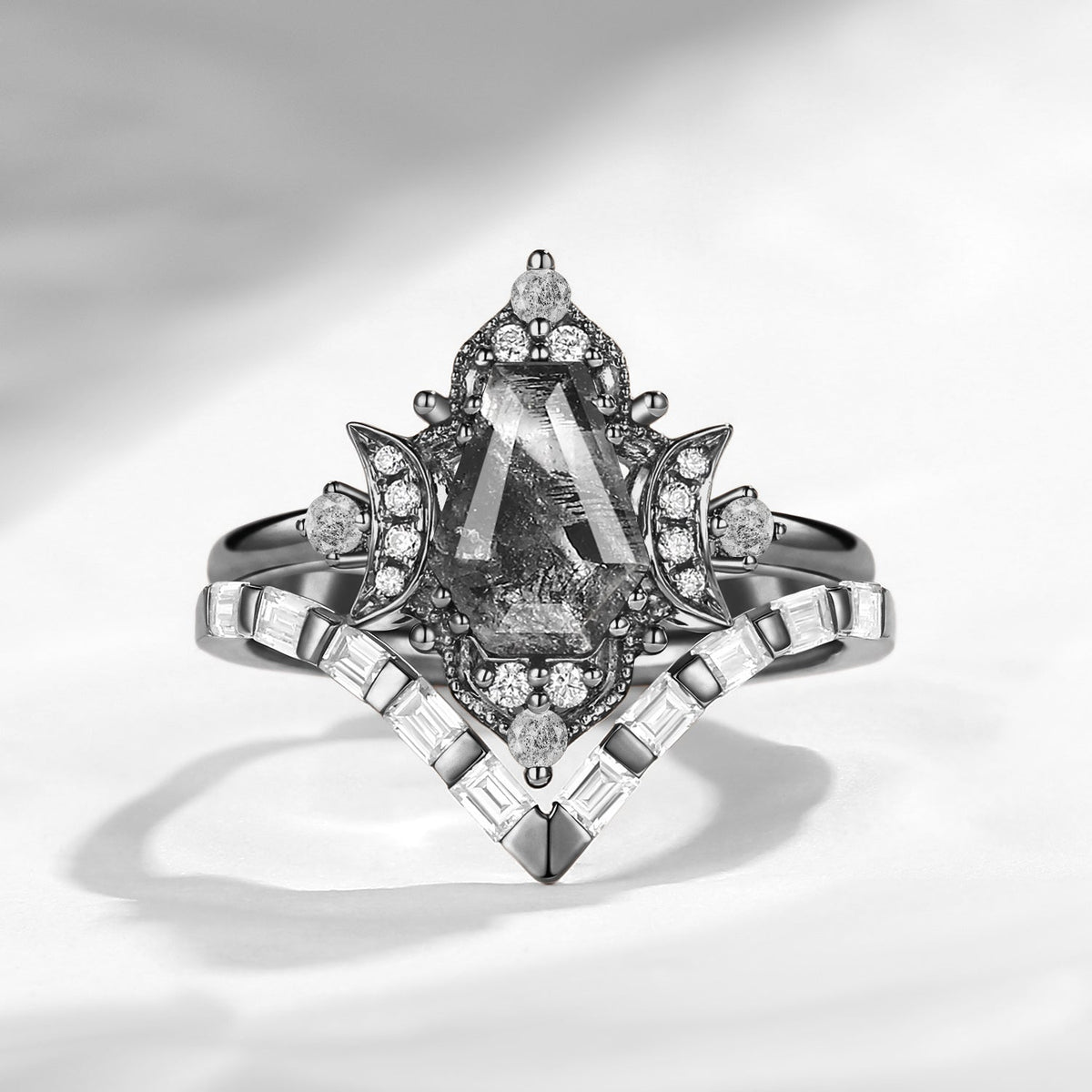 Crescent Moon | Curved Coffin Cut Herkimer Diamond Engagement Ring Set 2pcs