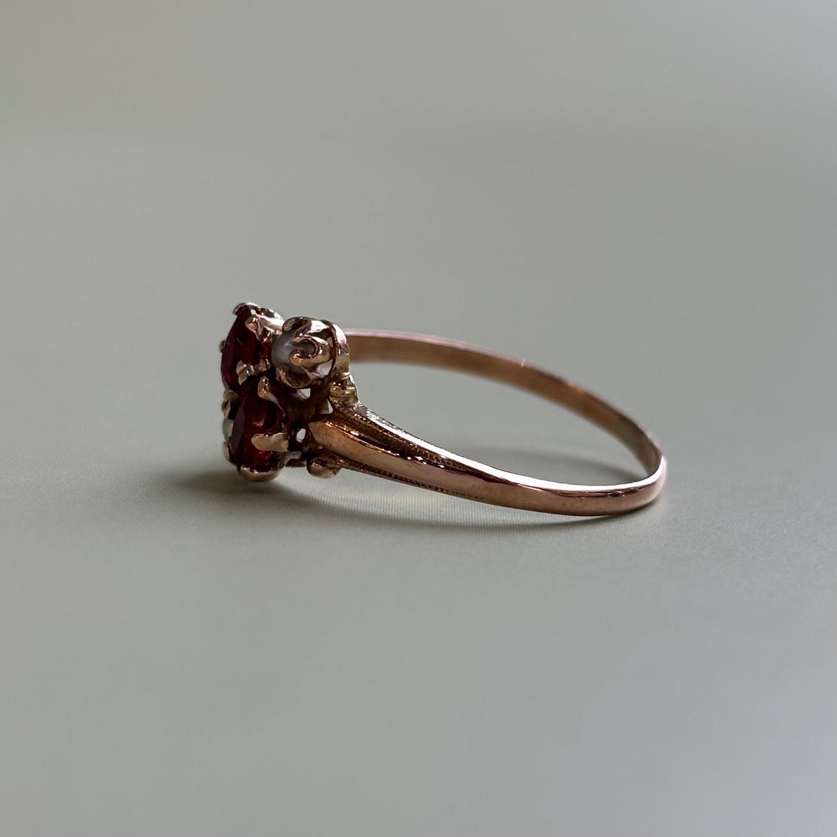 Victorian Synthetic Ruby & Seed Pearl Cluster Ring | 10k Yellow Gold | Vintage