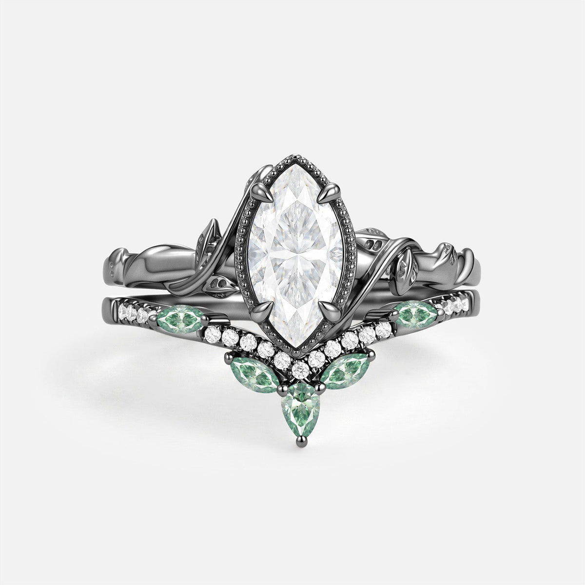 Luminous Reverie - Marquise Moissanite Leaf Bezel Vintage Engagement Ring Sets 2pcs - Verbena