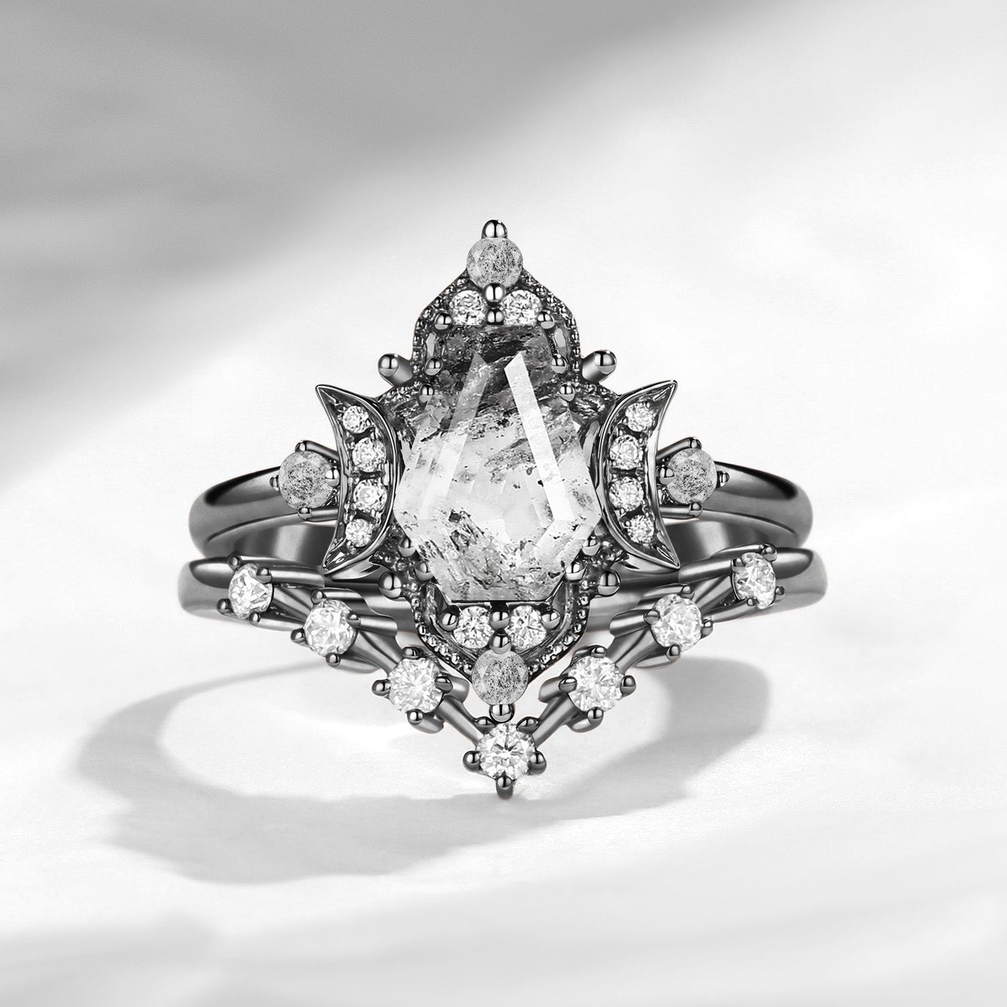 Crescent Moon | Coffin Cut Herkimer Diamond Galaxy Engagement Ring Set 2pcs