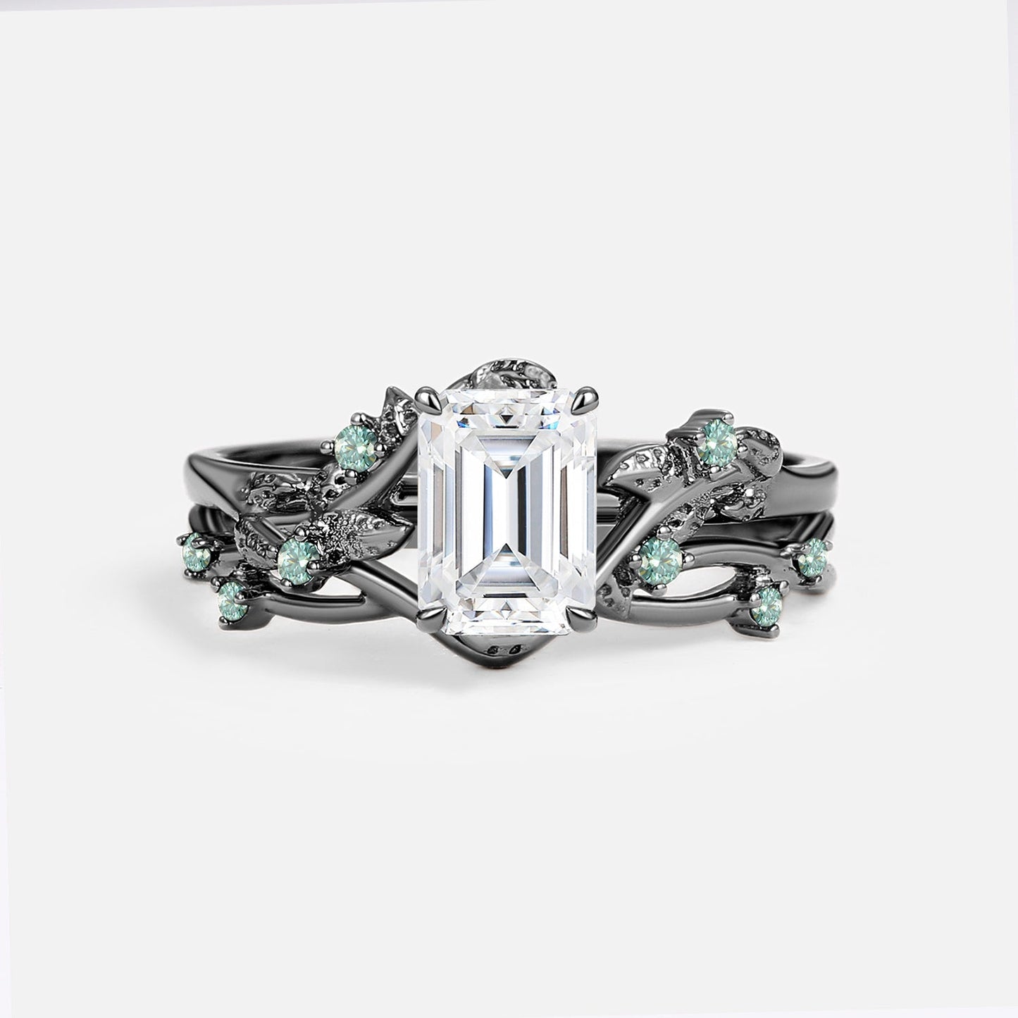 Luminous Reverie - Emerald Cut Moissanite Leaf Dainty Engagement Ring Sets 2pcs - Sparrow