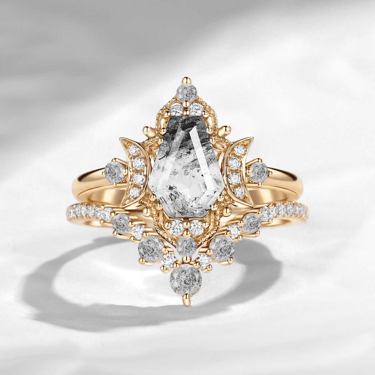 Crescent Moon | Unique Coffin Cut Herkimer Diamond Moon Inspired Engagement Ring Bridal Set 2pcs
