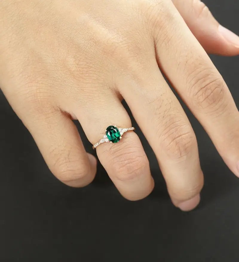 Oval Cut Lab Emerald Ring Engagement Ring Rose Gold Unique Marquise Cut Moissanite Ring Half Eternity Diamond Wedding Ring Promise Anniversary Ring for Her