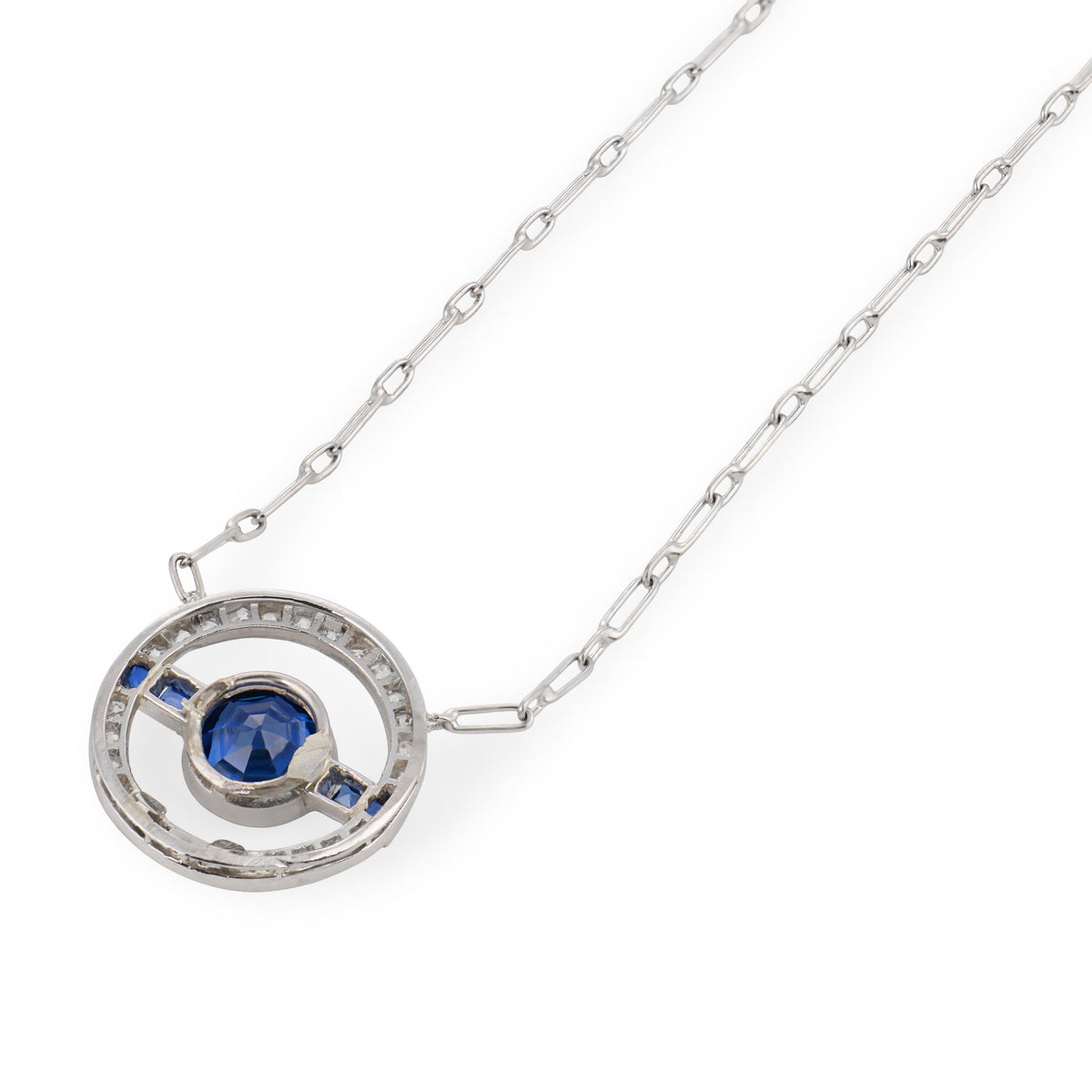 Art Deco Platinum Sapphire & Diamond Halo Pendant Necklace