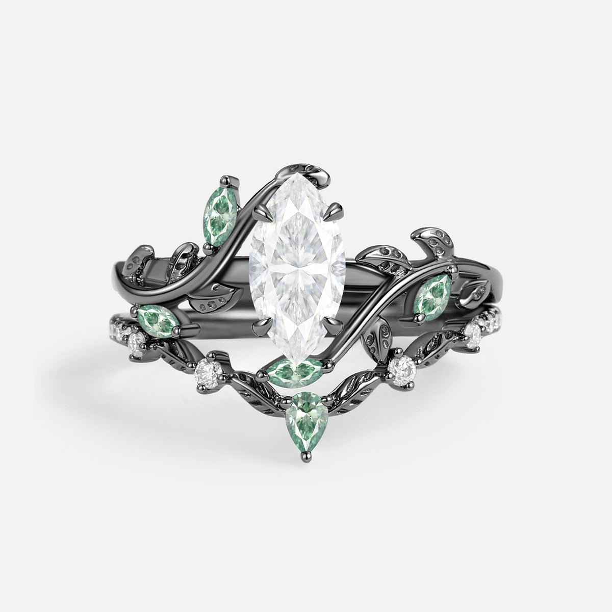 Luminous Reverie - Marquise Green Moissanite Leaf Dainty Engagement Ring Sets 2pcs - Myrtle
