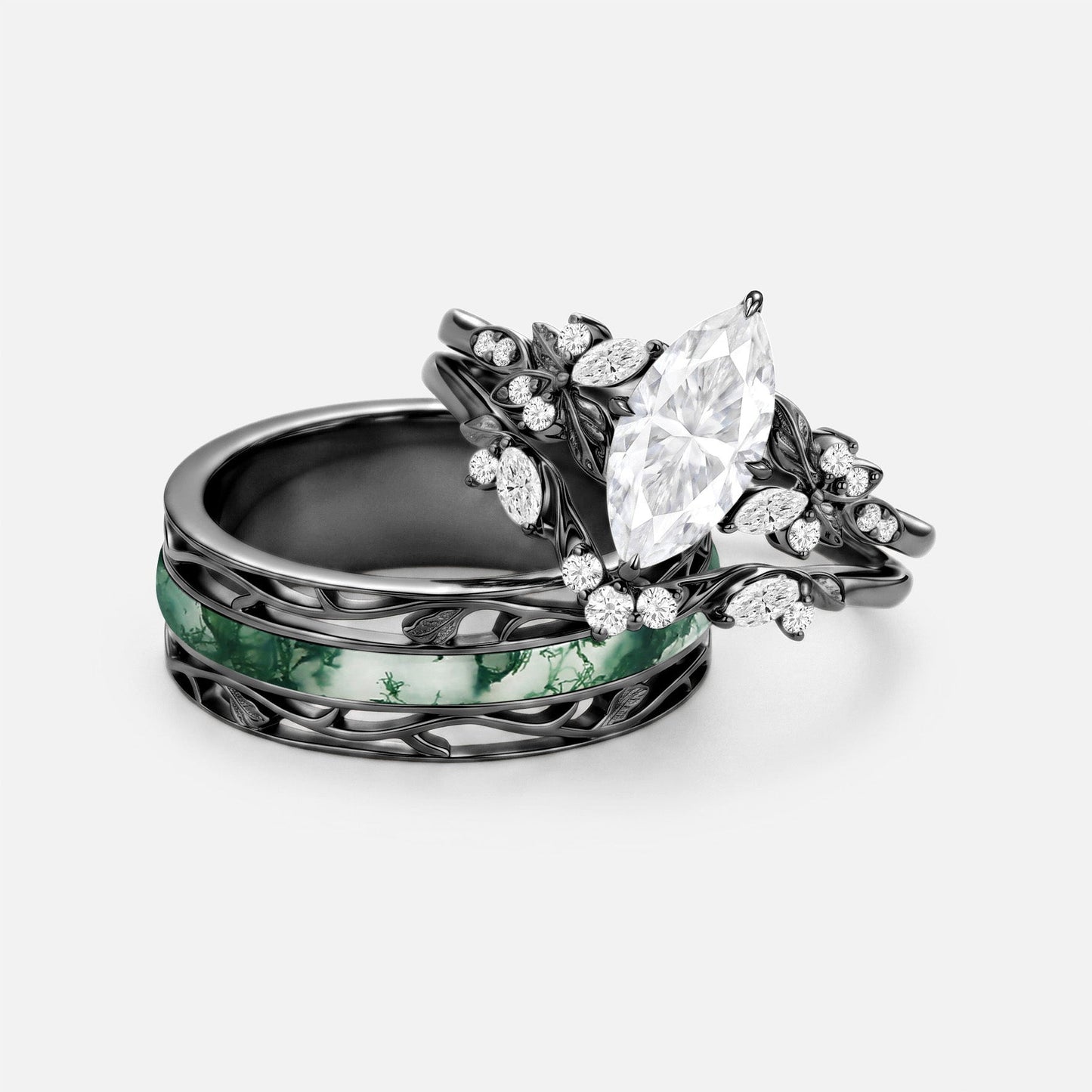 Marquise Moissanite & Moss Agate Leaf Branch Couple Ring Set 3pcs - Peony