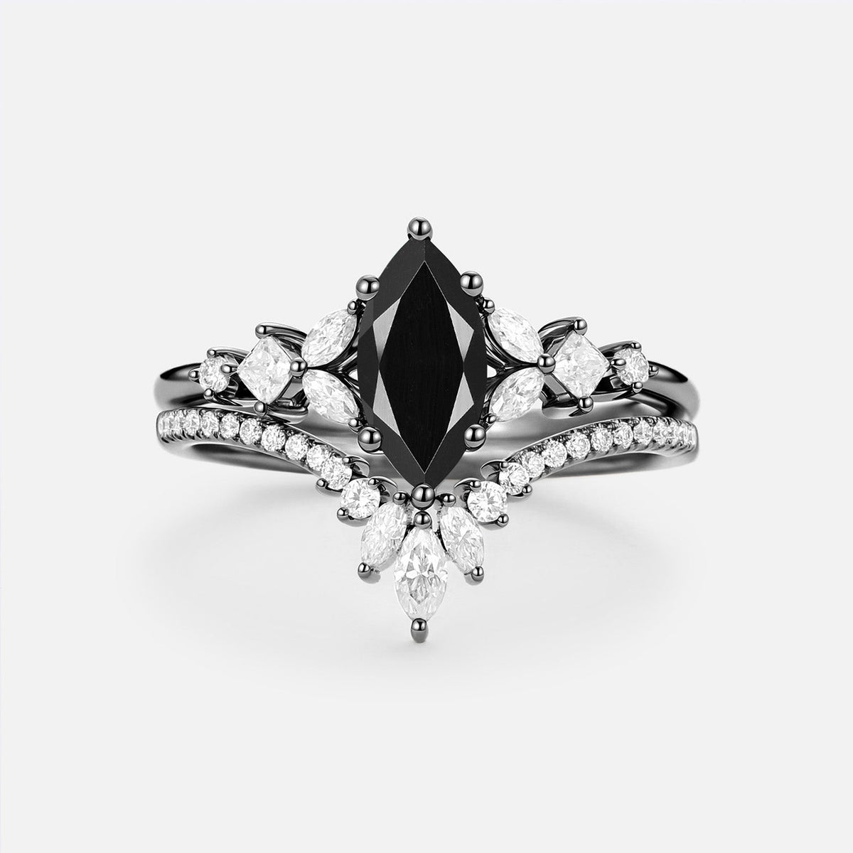 Luminous Reverie - Marquise Black Moissanite Vintage Engagement Ring Sets 2pcs - Renate