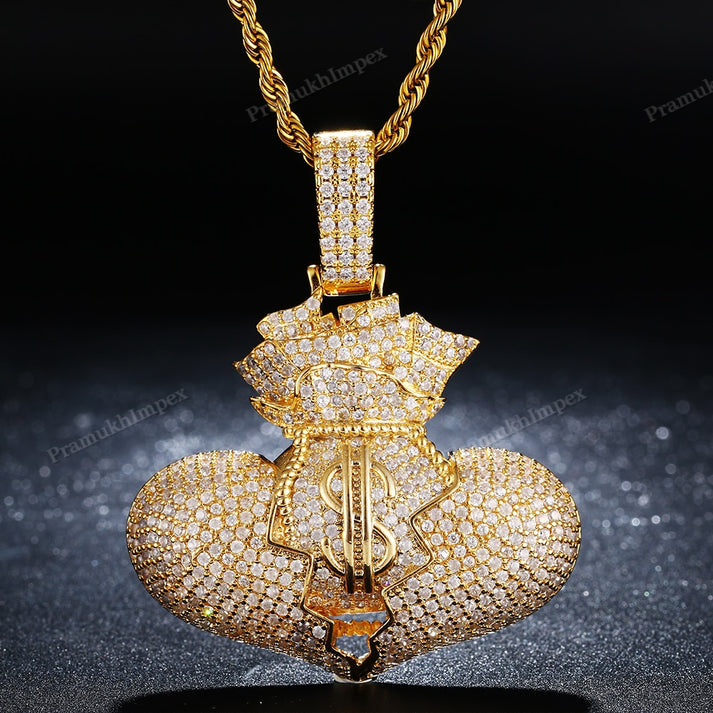 Moissanite Sterling Silver Gold Plated Broken heart money bag pendant