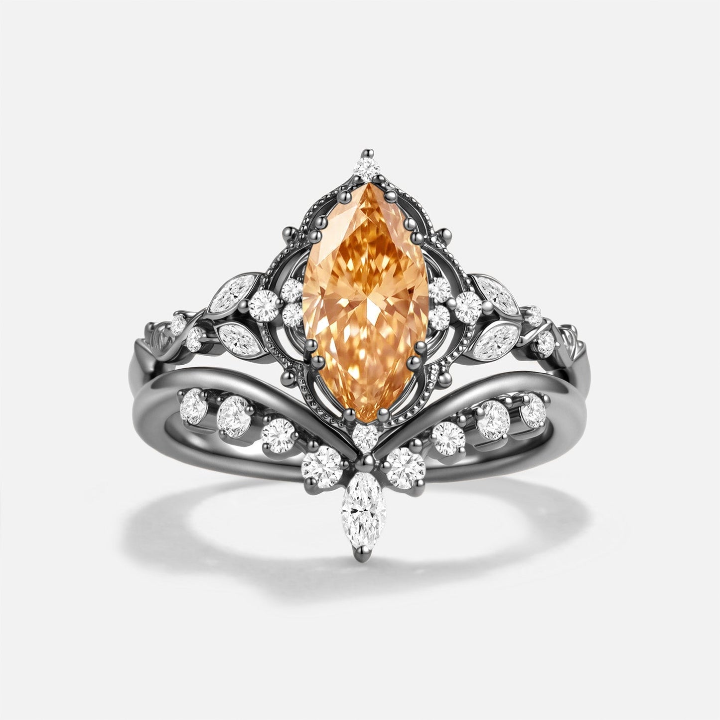 Luminous Reverie - Marquise Champagne Moissanite Leaf Vintag Engagement Ring Sets 2pcs - Calliope