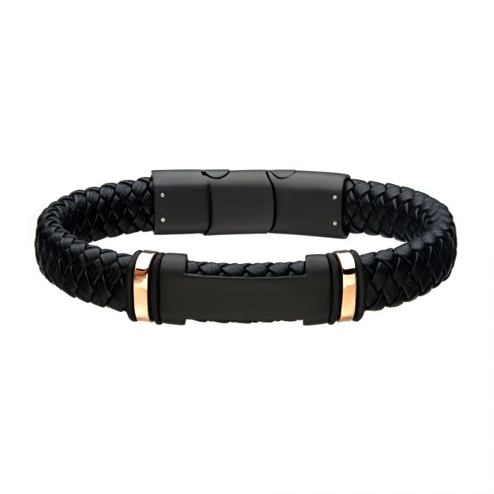 Black Leather and Black & Rose Gold IP Stainless Steel ID Bracelet