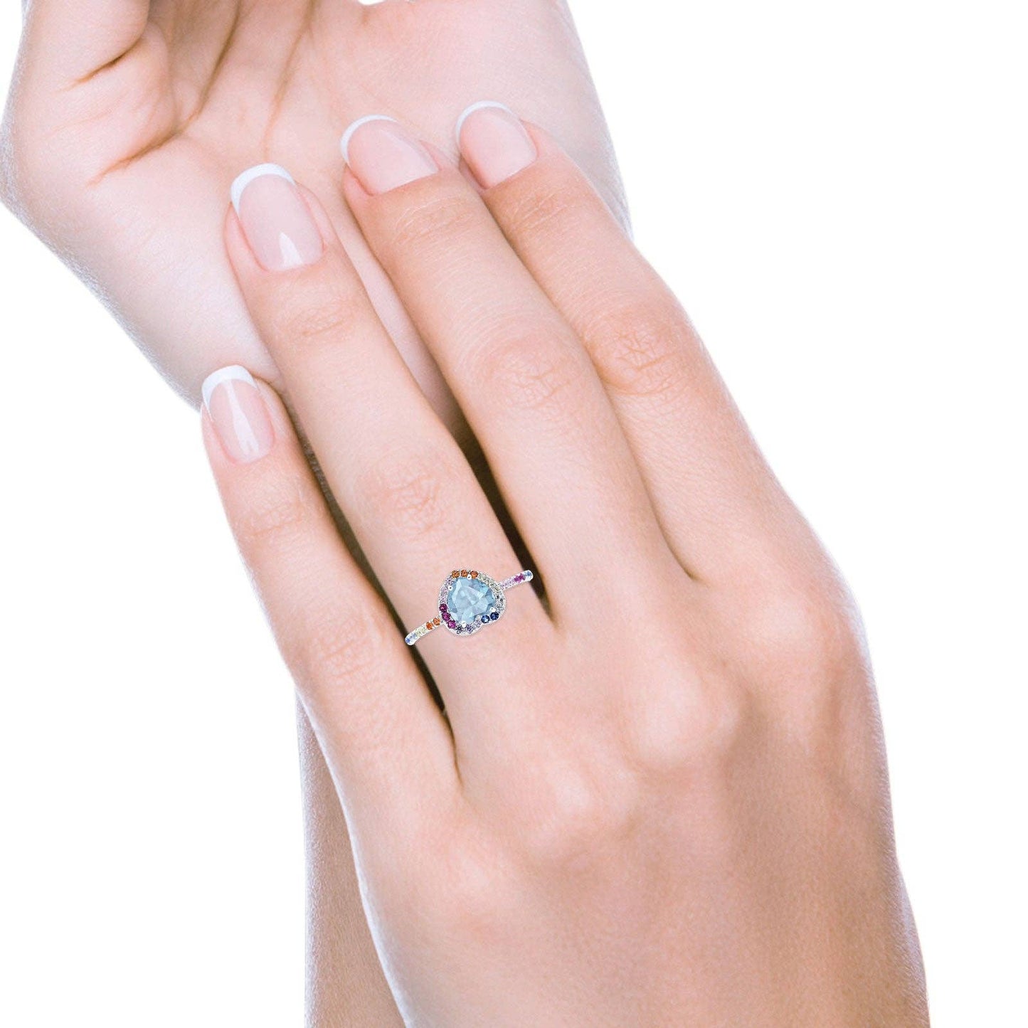 Heart Art Deco Engagement Ring Aquamarine CZ: Aquamarine CZ size p