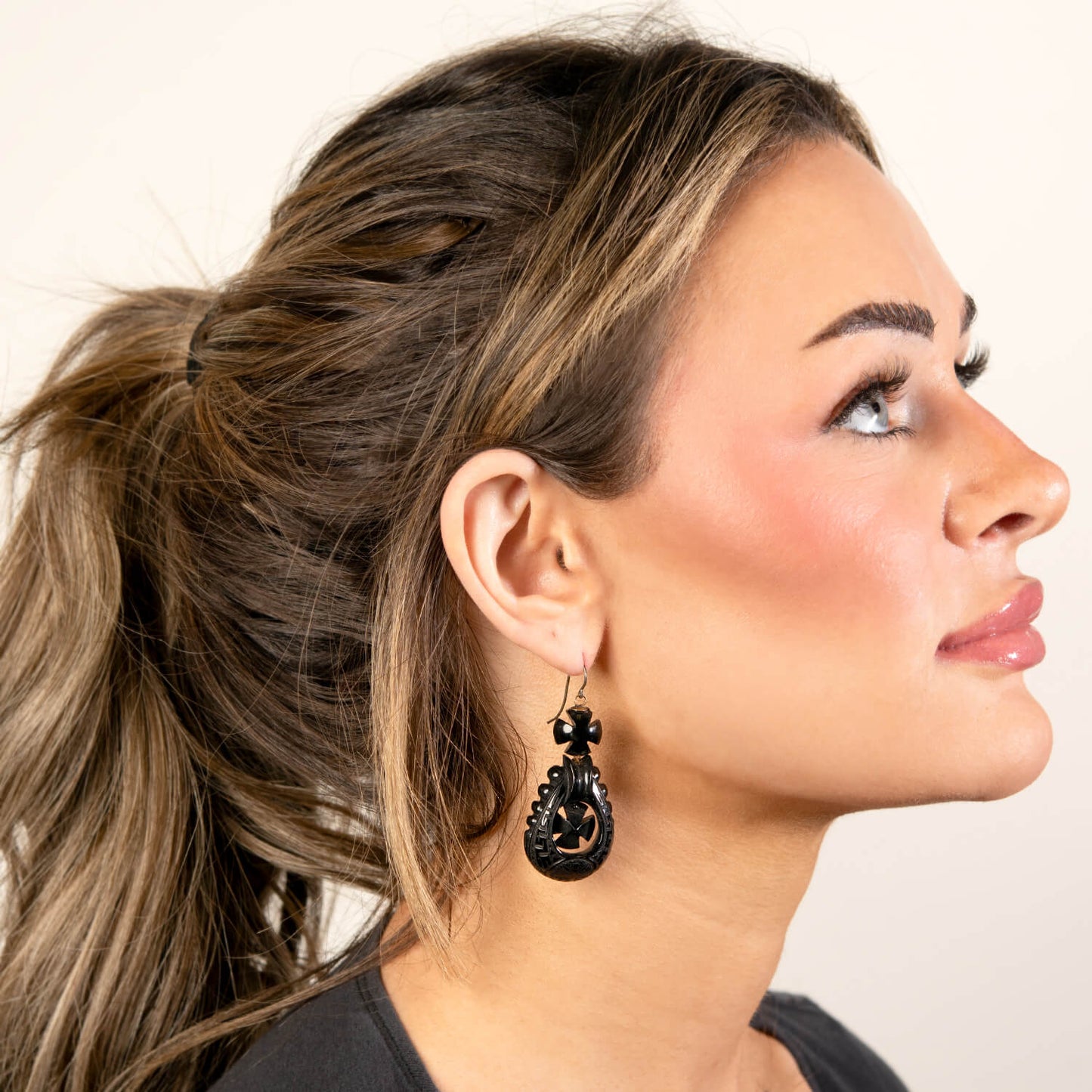 Victorian Brass Jet Dangle Earrings