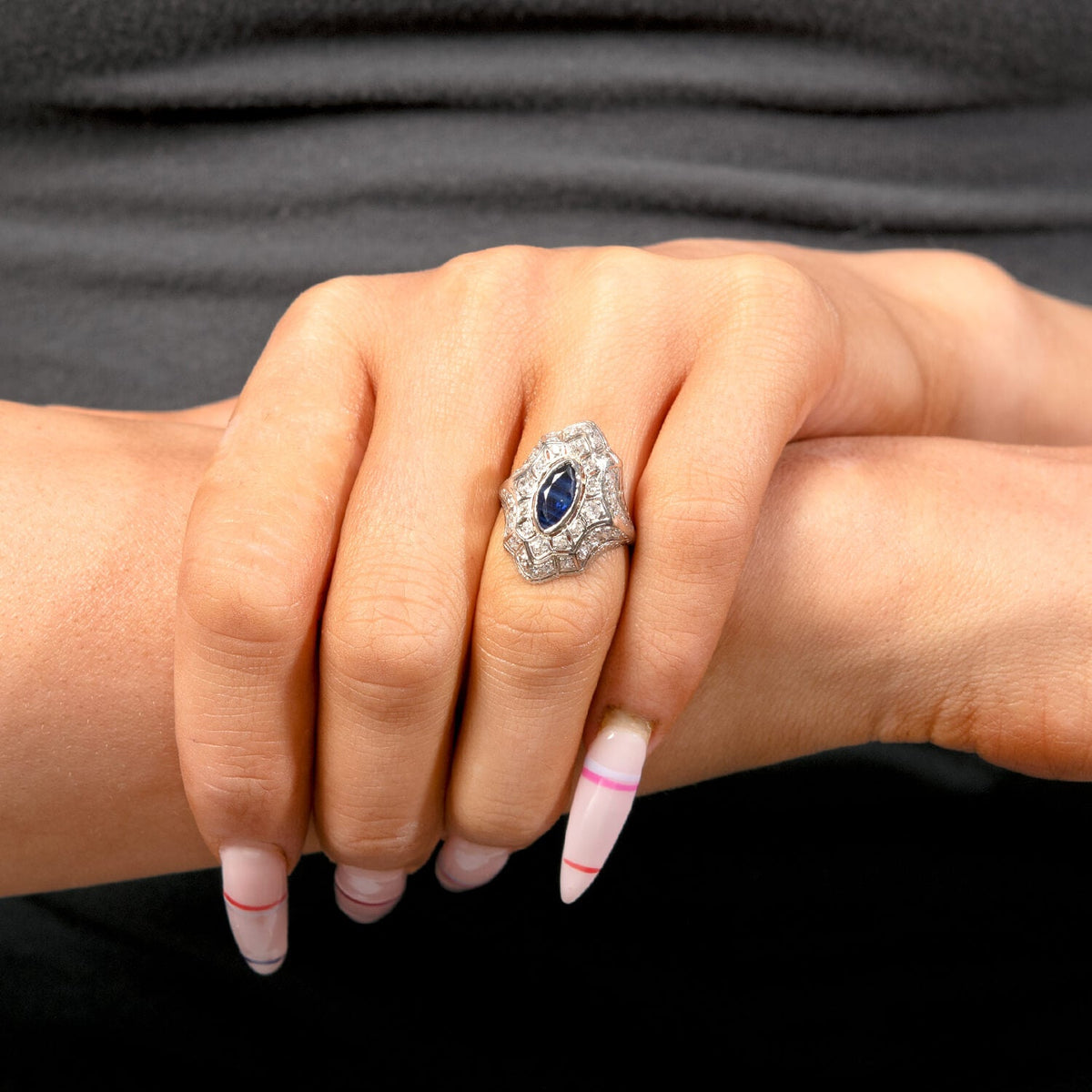 Art Deco Platinum Sapphire & Diamond Navette Ring