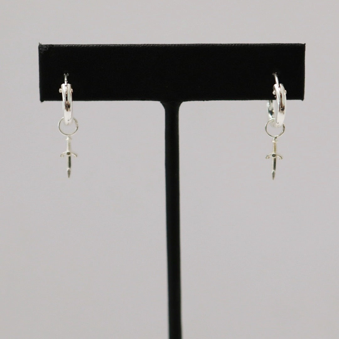 Mini Dagger Charm Hoop Earrings in sterling Silver / ready to ship