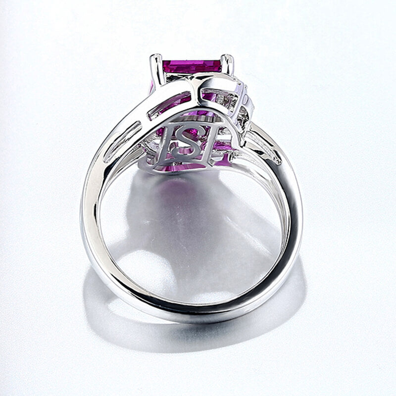 Emerald-Cut Purple Sapphire Bypass Split Shank Pave Sterling Silver Ring