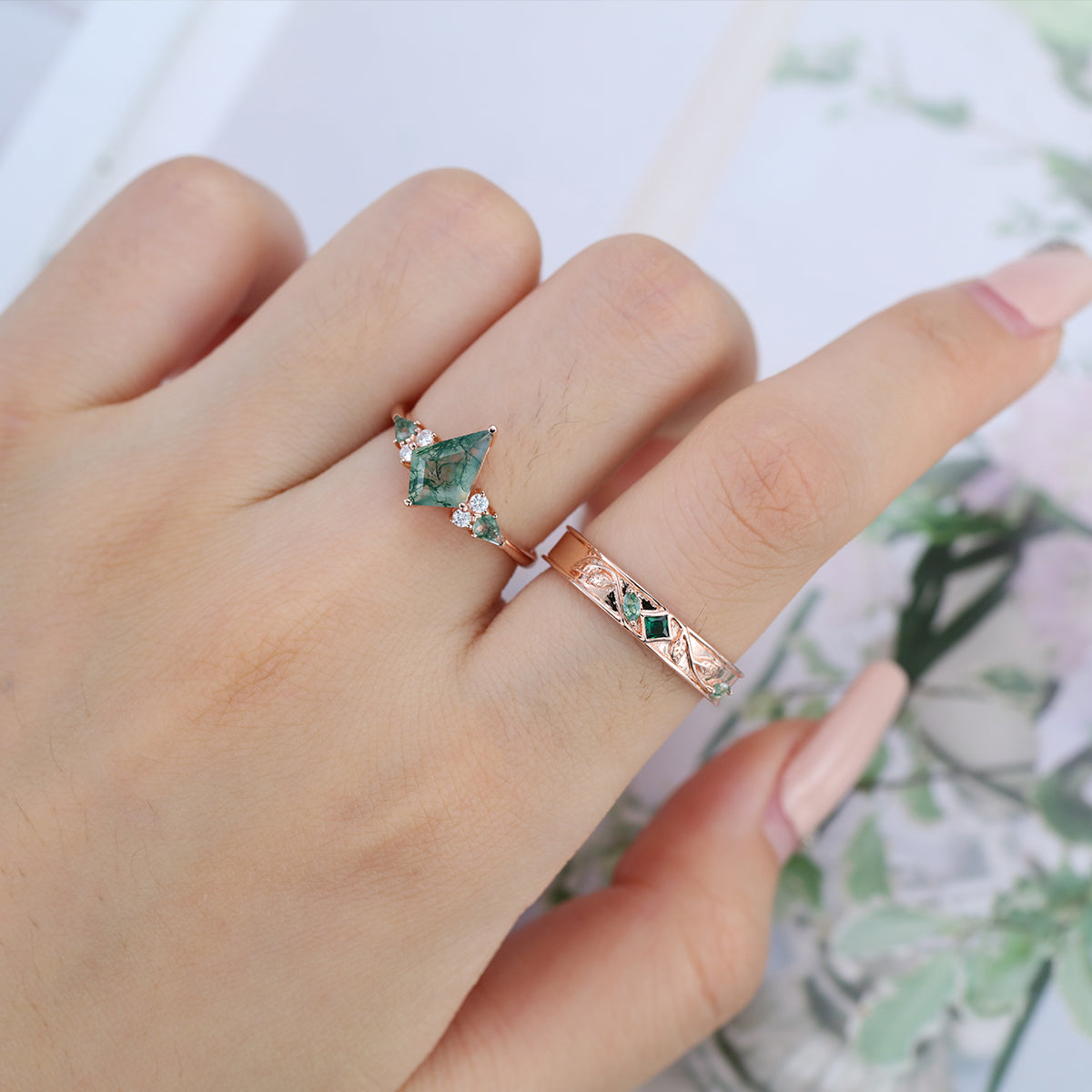Forever Glow Moss Agate Couple Rings | Rose Gold Leaf Wedding Bridal Set