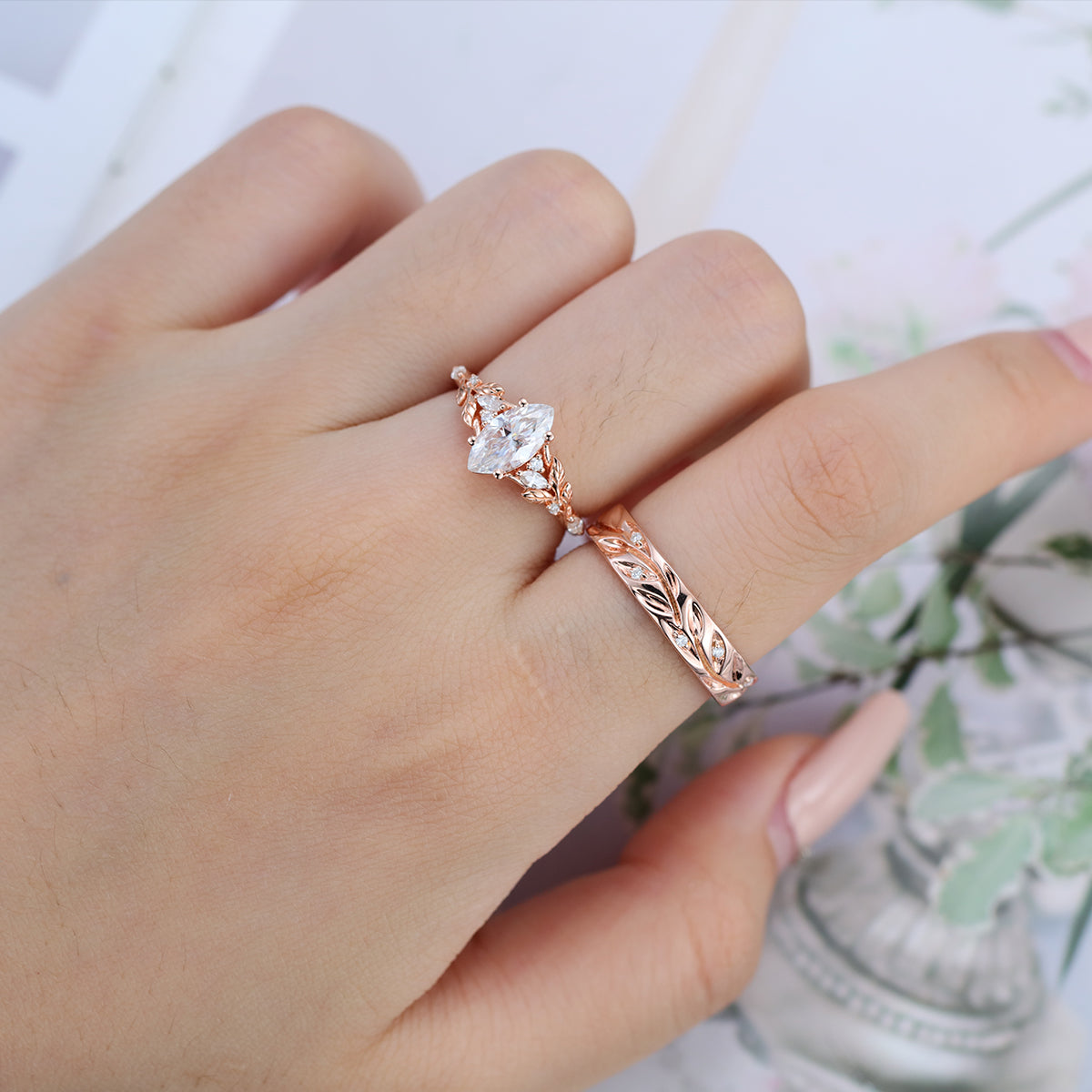 Marquise cut Moissanite Couple Rings | D Color VVS1 | Rose Gold Leaf Wedding Bridal Set