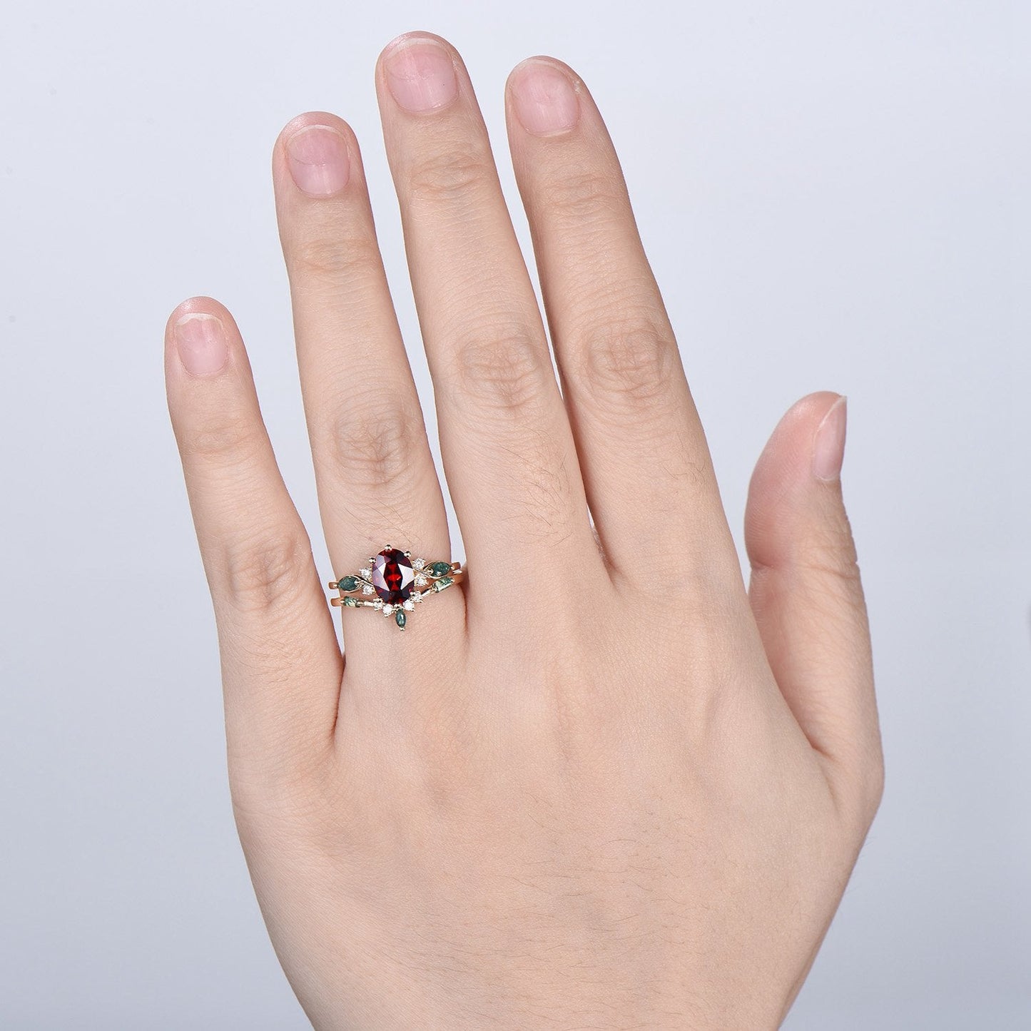 Vintage Oval Garnet Engagement Ring Set, Accent Marquise Moss Agate Yellow Gold Bridal Ring