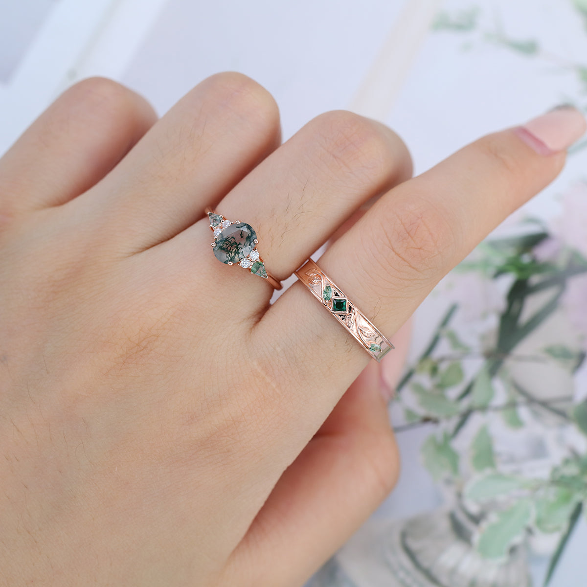 Forever Glow Moss Agate Couple Rings | Rose Gold Leaf Wedding Bridal Set