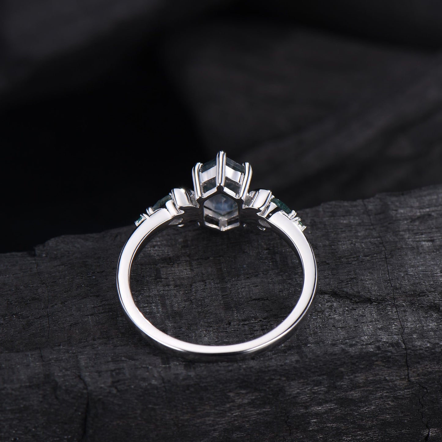 Elongated Hexagon Moss Agate Engagement Ring | Crescent Moon Vintage Gothic Ring