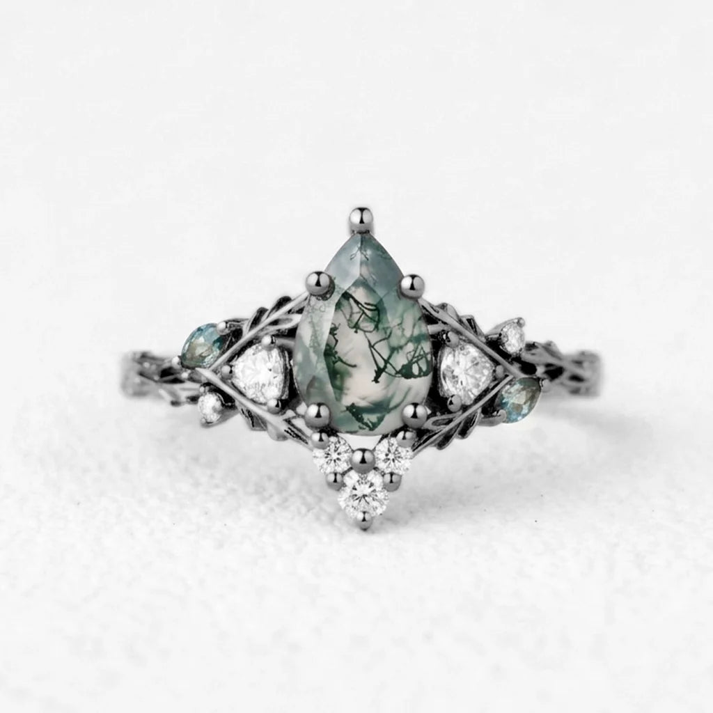 Genevieve’s Garland | Pear Moss Agate Leafy Engagement Ring