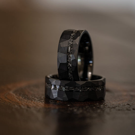 8mm tungsten men's wedding band steel hammered black ring inlaid with broken meteorite