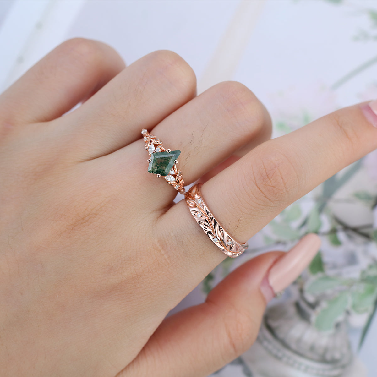 Forever Glow Moss Agate Couple Rings | Rose Gold Leaf Wedding Bridal Set