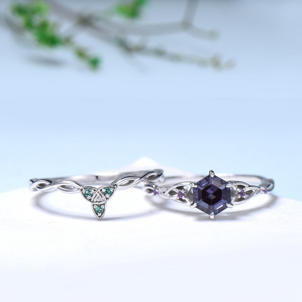 Norse Viking Hexagon Alexandrite Ring Set Celtic Love Knot Alexandrite Amethyst Engagement Ring Unique Twisted Wedding Ring Set For Women