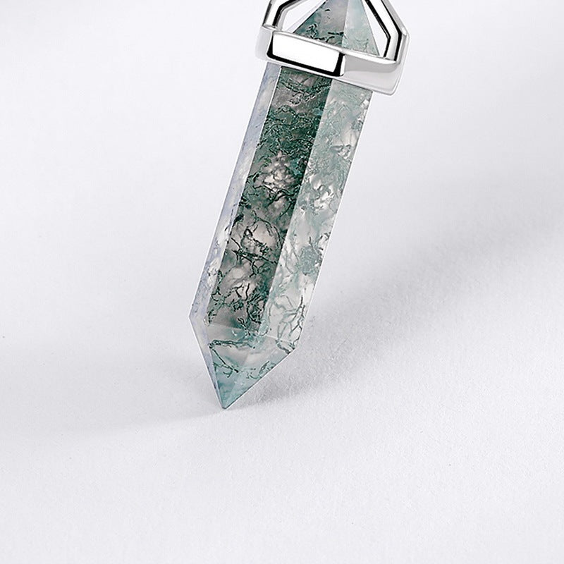 Long Hexagon Cut Guardian Tower Moss Agate Necklace Pendant