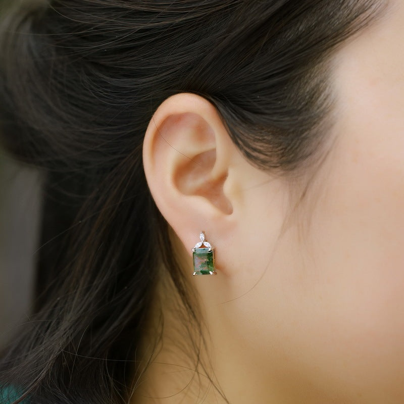 Elegant Forest Emerald Cut Moss Agate Earrings - Sophisticated Nature Inspired Gift
