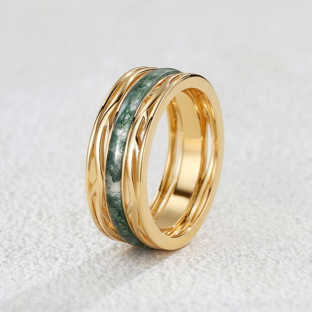 Odin’s Dominion | 8MM Moss Agate Men’s Ring with Openwork Branch Sides
