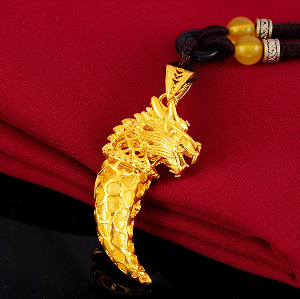 Lucky Golden Dragon Wolf Tooth Pendant Necklace