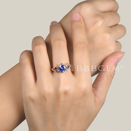 Round Cut Natural Tanzanite Engagement Ring Sapphire Leaf Inspired Ring