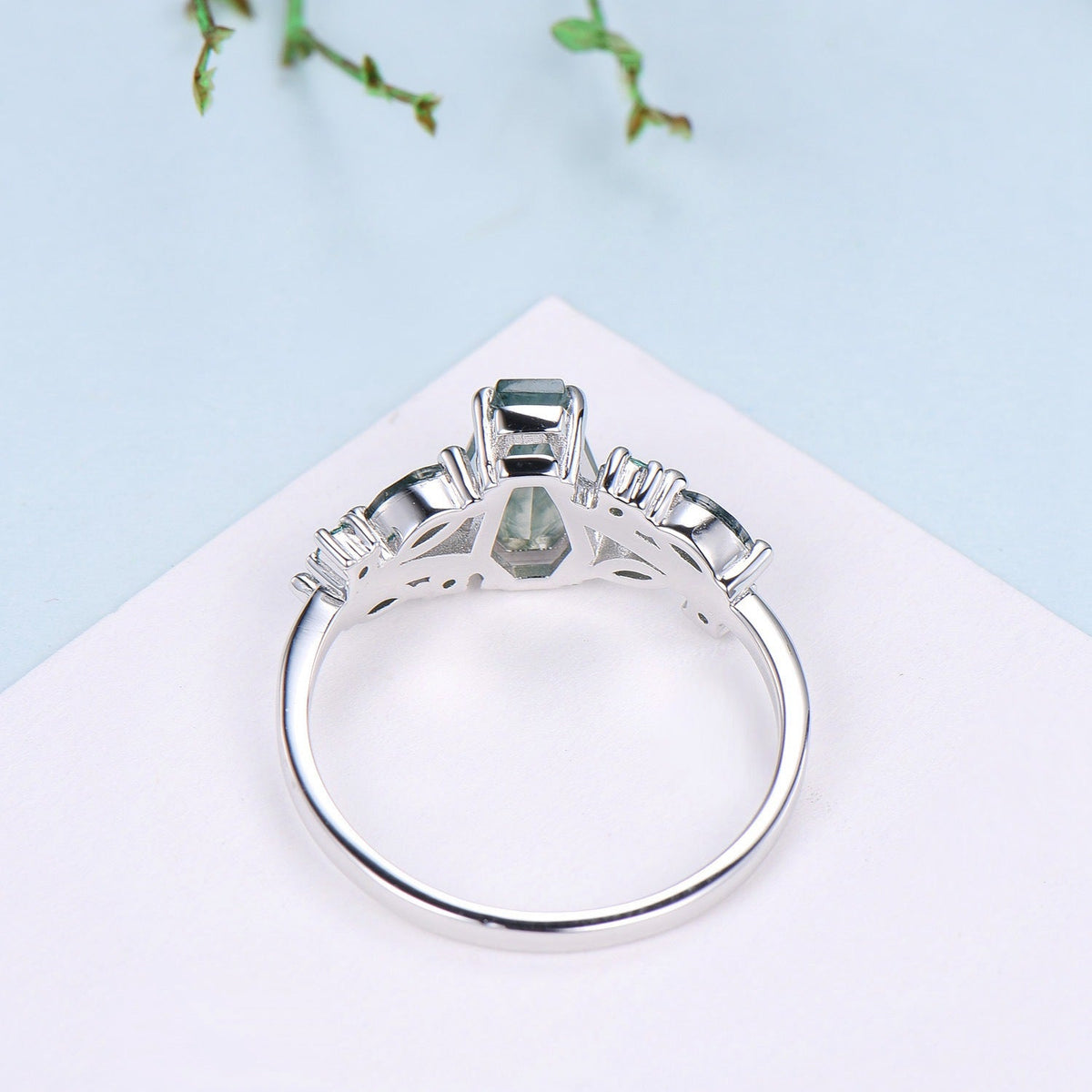 Unique Coffin Cut Moss Agate Ring Split Shank Engagement Ring Cluster Emerald Agate Wedding Ring MARRIED TILL BURIED Green Promise Ring Gift