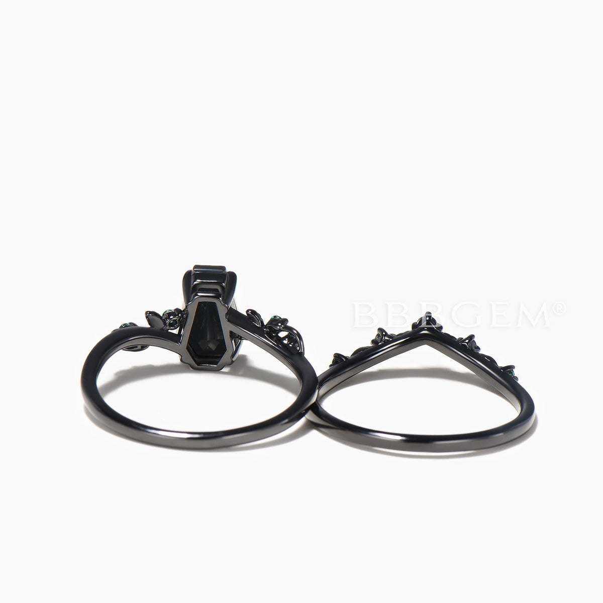 Coffin Cut Black Onyx Engagement Ring Emerald Leaf Band Nature Inspired Ring Set