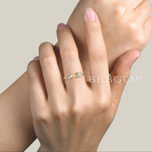 Teardrop Cut Natural Citrine Engagement Ring Opal Moissanite Cluster Ring