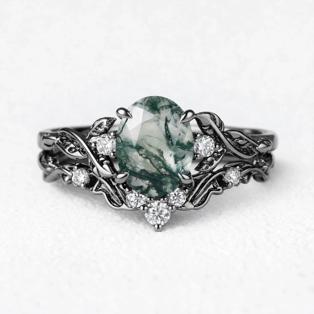 Rosalind’s Arbor | Oval Cut Moss Agate Leaf Branch Bridal Set 2pcs