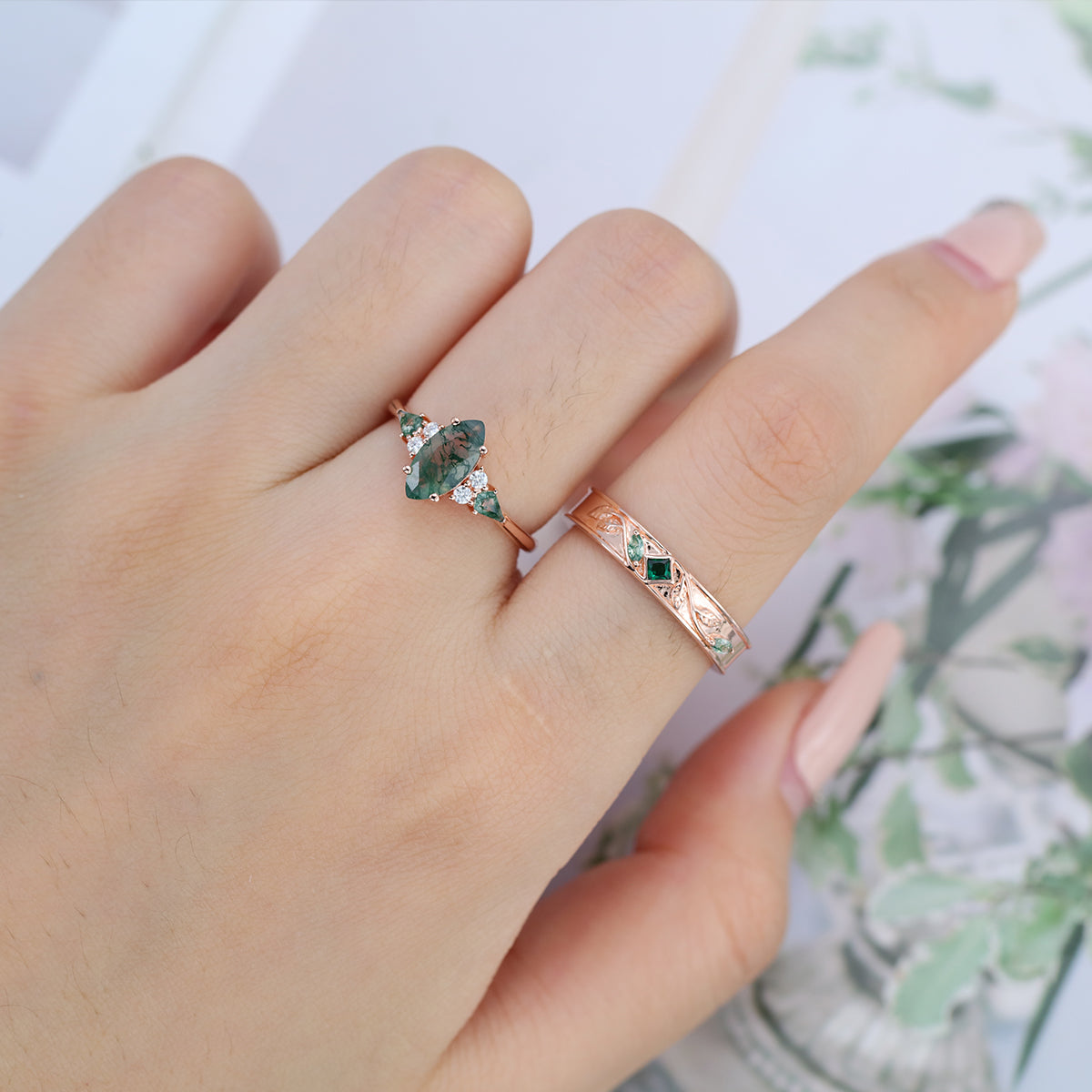Forever Glow Moss Agate Couple Rings | Rose Gold Leaf Wedding Bridal Set