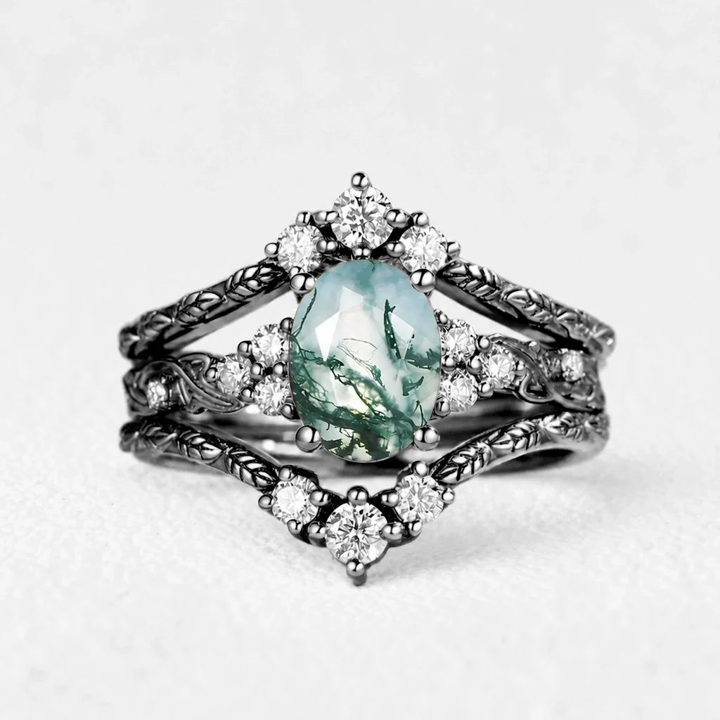 Hazel Blingflare Oval Moss Agate Filigree Ring Bridal Set 2pcs