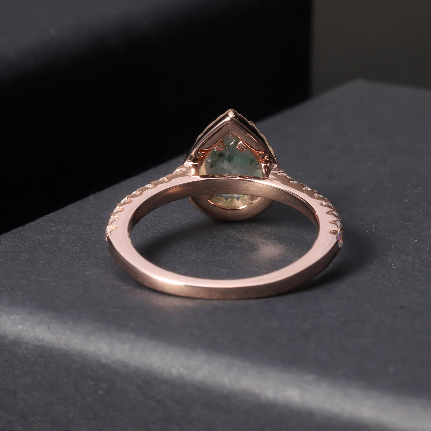 Pear Shaped Halo Moss Agate Engagement Ring